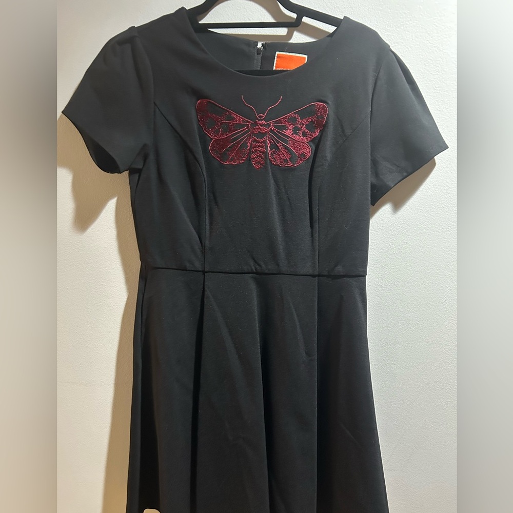 Modcloth Black Dress with Pink Embroidered Moth